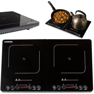 Arebos doppio piano cottura a induzione 3500W | 2 zone di cottura con display touch e timer | piano cottura a induzione portatile per campeggio, esterno e cucina | protezione da surriscaldamento