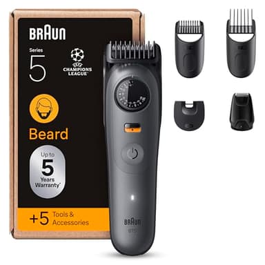 Braun Regolabarba Uomo Series 5, Rasoio Elettrico Barba Braun, +5 Strumenti Styling, Lama Ultra Affilata, 120 Min Autonomia, Impermeabile, Selettore di Precisione Con 40 Lunghezze&Blocco BT5525 Grigio