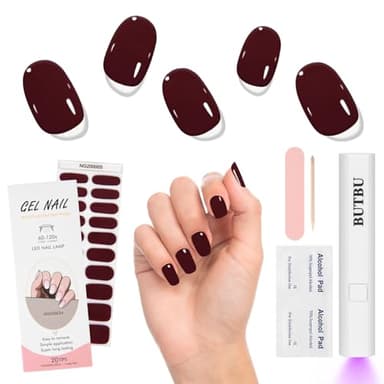 BUTBU Pellicola per unghie, 1 foglio, 20 pezzi, con lampada UV, pellicola adesiva e indurente UV, set di adesivi per unghie, adesivi per unghie, con lima per unghie (vino rosso)