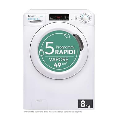 Candy Smart Lavatrice 8kg, carica frontale, Classe B, 1200 giri, 16 Programmi, Cicli Rapidi, Partenza Ritardata, Connessa NFC, Trattamento a Vapore, 85 x 60 x 53 cm, Bianco – CSS128TW4-11