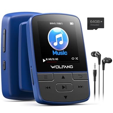 WOLFANG Lettore MP3 da 64 GB con Bluetooth 5.3, clip sportiva, formato mini, peso 28,3 g, radio FM HiF, registratore vocale, auricolari inclusi