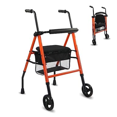 Mobiclinic®, Deambulatore per anziani, Nerón, Marchio europeo, Adulti o disabili, In acciaio, Leggero, Pieghevole, Con seduta, Cestino e 2 ruote, Colore arancione