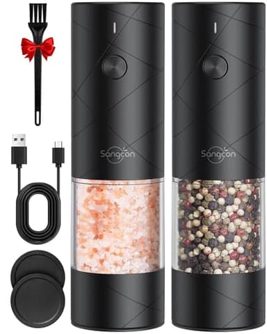 Sangcon Set macina sale e pepe elettrico, Ricaricabile USB, macinapepe automatico di grande capacità, funzionamento con una sola mano, 6 grana regolabile con coperchio antipolvere scorrevole(Nero)