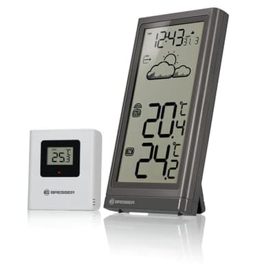 Bresser Stazione meteo radio con sensore esterno Meteo Temp, termometro con indicatore di temperatura per interni ed esterni, previsioni meteo, con base pieghevole e supporto da parete, grigio
