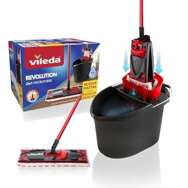 Vileda Revolution Box, Sistema lavapavimenti con secchio e piastra piatta, 2 panni microfibra, per tutti i pavimenti, rimuove oltre il 99% dei batteri solo con acqua, manico 3 pz, Vileda love it clean
