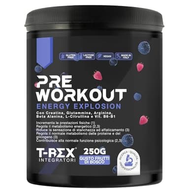 T-Rex Integratori Pre Workout, Energy Drink Potente con Creatina Monoidrata, Bcaa, Arginina, Beta Alanina e Vitamine - Senza Caffeina, 250 g (250 g (Confezione da 1), Frutti di Bosco)