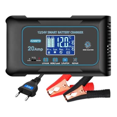 Haisito Intelligente Carica Batterie per Auto Moto 12V/24V 20A, Professionale Rapido Caricabatterie Mantenitore per Batterie al Litio, LiFePo4, Piombo-acido(AGM, GEL, EFB, SLA, VRLA)