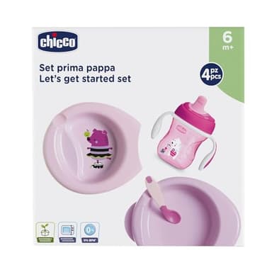 Chicco Set Composto da Tazza Training Cup, Primo Cucchiaio, Piatto Pappa Calda, Facile, Età 6 Mesi +, Rosa, Versione per Bimba