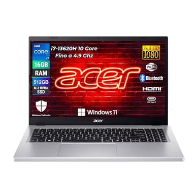 acer Aspire Go, Pc Portatile Silver Intel i7-13620H 10 Core 3.5 Ghz, Ram DDR5 16Gb, SSD NVMe 512Gb, Display 15,6" FHD, Notebook con Win 11 Pro, Wi-FI 6, Garanzia Italia