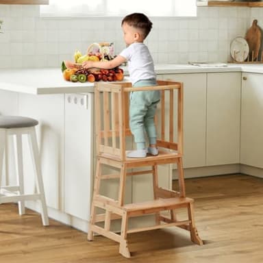 COSYLAND Torre montessoriana bambini 18–36 mesi — Torretta montessoriana con struttura a A e supporti angolari, Sedia montessoriana bambini per cucina, Torre di apprendimento(Naturale Classico)