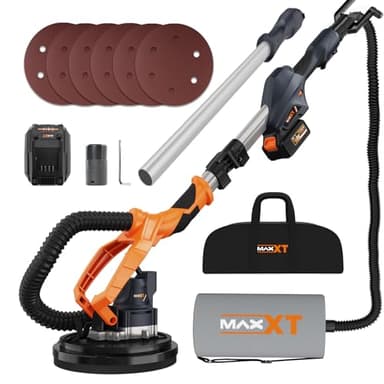 MAXXT Levigatrice per muro 20V senza spazzole: Sistema auto-aspirante, Velocità regolabile continua (600-1200 RPM), Disco da 225 mm, Pieghevole (estensibile 110-165 cm), Per pareti e soffitti