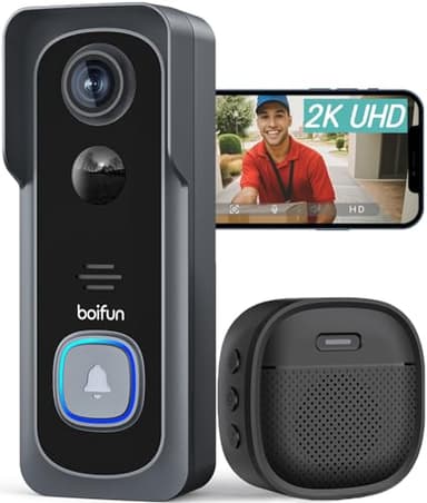 BOIFUN Videocitofono Wifi 2K UHD Campanello Senza Fili da Esterno con Suoneria e Allarme Immediato, 166°Angolo Visuale, Rilevamento Umano PIR, Audio Bidirezionale, Batteria 6700mAh, IP66, 2.4Ghz