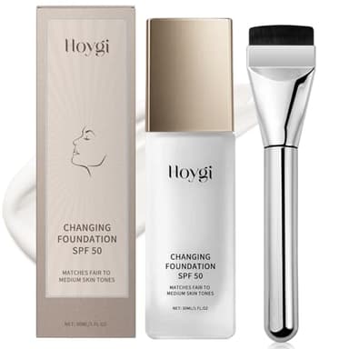 Fondazione per il trucco che cambia il colore, FPS 50, fondotinta cambia colore per pelle matura, effetto sfumato, fondazione color changing da 30 ml e 1 pennello