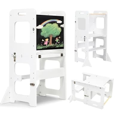 labebe Torre montessoriana per bambini, Pieghevole Torre di Apprendimento, 3-in-1 scala montessoriana Con tavolo da disegno, Legno Learning Tower di età superiore18 mesi bambini（Bianco)