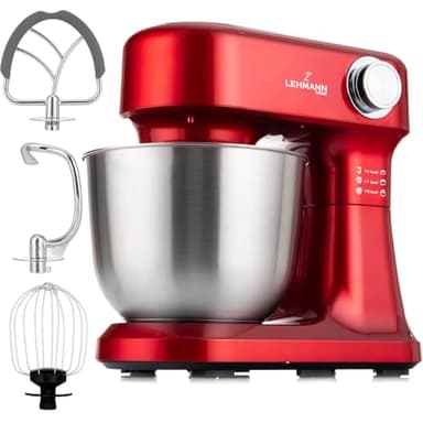 LEHMANN Impastatrice Planetaria con 12 Velocità, Ciotola 5 L, Accessori - Frusta, Gancio Impastare e Mescolatore, ideal Impastatrice per Pizza, Pane e Dolci, Rosso