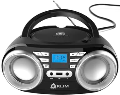 KLIM B3 Lettore CD Portatile Boombox Con Radio FM, Bluetooth, USB e AUX - Doppi Altoparlanti di Alta Qualità, Effetti Sonori EQ, 20 Stazioni Preimpostate, Compatto e Leggero