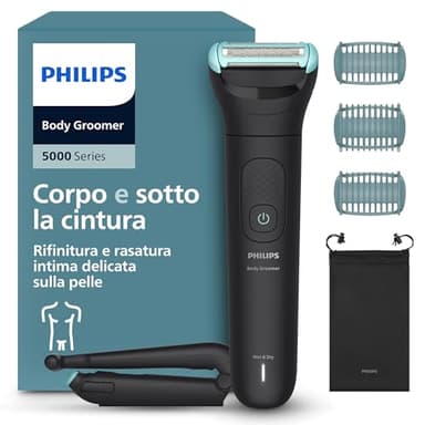 Philips Bodygroom series 5000 - Rifinitore per uomo tripla protezione, Rifinitura e rasatura intima, Accessorio per la schiena pieghevole, Impermeabile 100%, 100 minuti di autonomia, Modello BG5480/15