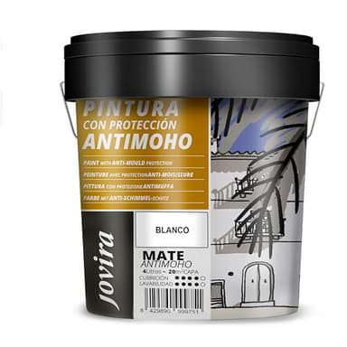 JOVIRA PINTURAS - 6 Chilo - Pittura Antimuffa (4 Litri). Previene la muffa. Resistente alla comparsa di muffe sui muri. Aspetto opaco. (4 Litri, Bianco) A-06