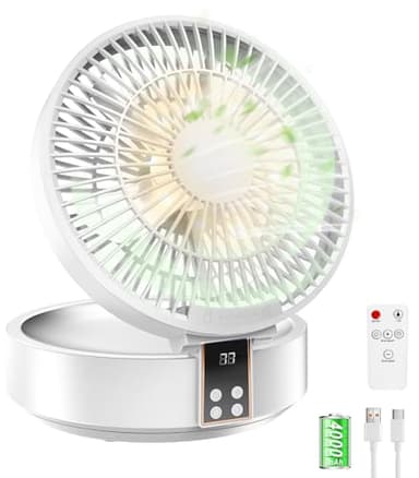 Ventilatore da Tavolo Potente Silenzioso, Ventilatore da Campeggio con Luce LED, Ventilatore da Scrivania Portatile USB Ricaricabile con Testa Scuotente, Pieghevole, Telecomando, Timer, 3 Velocità