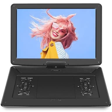 Lettore DVD portatile da 18" con schermo girevole HD da 15,6", batteria ricaricabile da 6 a 7 ore, supporto USB/SD, formati di dischi multipli e sincronizzazione TV, altoparlante ad alto volume, nero