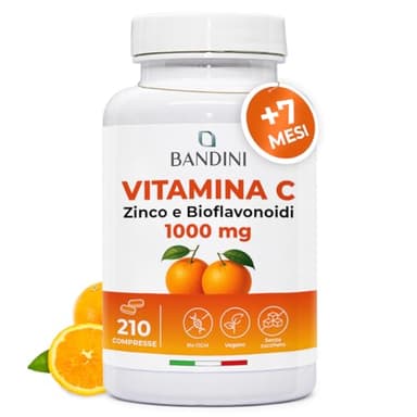 Bandini® Vitamina C 1.000mg + Zinco 210 Compresse (+7 Mesi) | Sistema Immunitario, Pelle, Ossa, Unghie, Capelli | Integratore con Acido Ascorbico ad Alto Dosaggio e Bioflavonoidi 100% Vegan