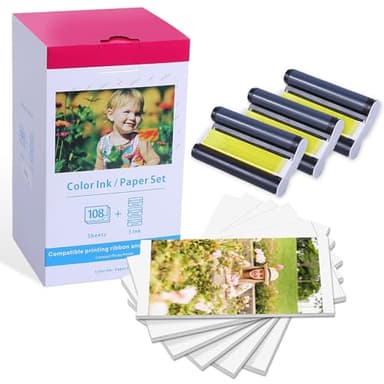 Compatibile con Canon Selphy CP1500 Carta Fotografica e Cartucce, Ricambio KP-108IN 3115B001 (AA) per Canon Selphy CP1300 CP1200 CP1000 CP910, 108 Fogli di Carta (10x15cm) e 3 Cartucce di Inchiostro