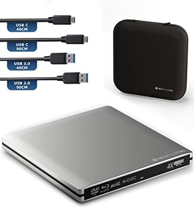 techPulse120 Masterizzatore esterno USB 3.1 USB-C UHD 4k 3D M-DISC Blu-ray DVD CD BDXL HDR10 128GB masterizzatore Burner Superdrive BD Imperator borsa 90 cm cavo alluminio Argento