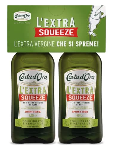 Costa d'Oro - Extra Squeeze Bipack 2 x 500ml. Olio Extravergine di oliva estratto a freddo con tappo salva goccia. Adatto a tutte le ricette. Bottiglie da mezzo litro.
