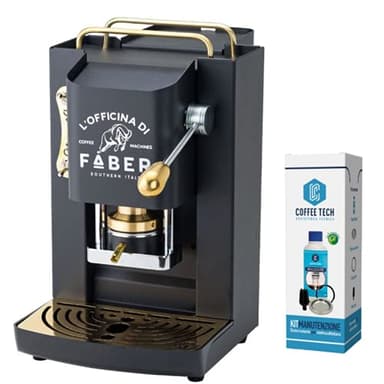 emozioni quotidiane Macchina caffè Faber PRO Deluxe con Rifiniture in Ottone a Cialde in Carta Ese 44 mm + Kit Manutenzione Decalcificante + 20 Cialde Caffe Omaggio, 1.3L (Nero)