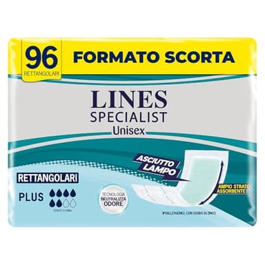 Lines Specialist Pannoloni Rettangolari, Pannoloni per Incontinenza Donna e Uomo, Asciutto Lampo, Tecnologia Neutralizza Odore, Assorbenza Plus, Taglia Unica, Scorta da 96 Unità