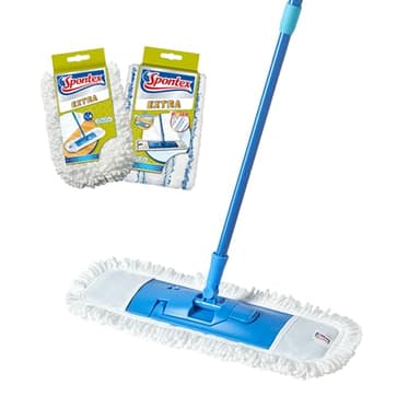 Spontex Fiocco Microfibre Extra Flat| versatile mop in microfibra per pavimenti bagnati e asciutti | Lunghezza regolabile (80-140 cm) | Pulisce pavimenti in laminato, legno e piastrelle | 2 x ricambi