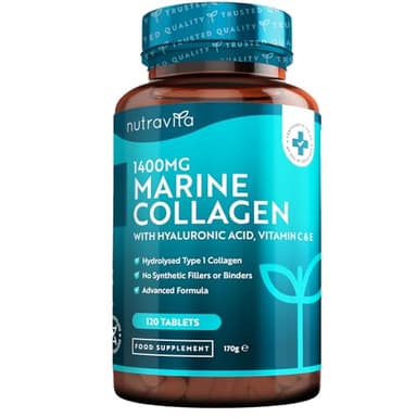Collagene Marino con Acido Ialuronico 1400mg - Collagene Idrolizzato Tipo 1-120 Compresse (2 mesi) - Marine Collagen + Vitamina C, E, B2 e Zinco - Integratore Pelle, Articolazioni e Ossa - Nutravita