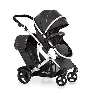 hauck Passeggino Doppio Duett 2 - Passeggino Gemellare con Seduta Reversibile e Convertibile in Navicella Neonato - Manubrio Regolabile in Altezza - Parapioggia Incluso - Nero