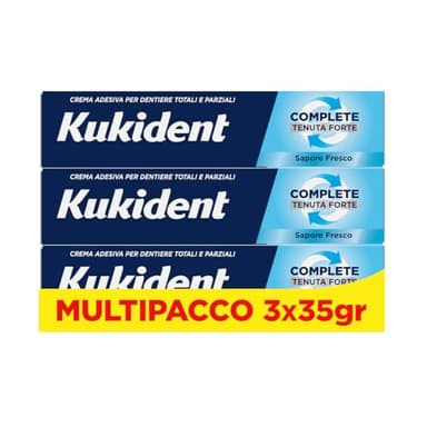 Kukident Complete Crema Adesiva Per Protesi Dentali Totali e Parziali, Tenuta Forte, Sapore Fresco. Confezione da 3x35g