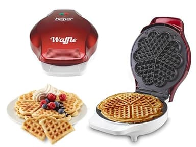 Beper - Piastra per Waffle, Cialdiera, 5 Waffle Alla Volta, Piastra Antiaderente 18cm, 800-100W - Rosso/Bianco