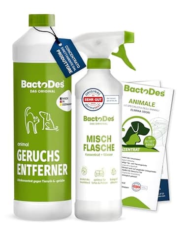 BactoDes Animal Concentrato elimina odori animali, 1 litro con contenitore per miscelare, Neutralizzatore per urina dei gatti, cani ed animali di piccola taglia