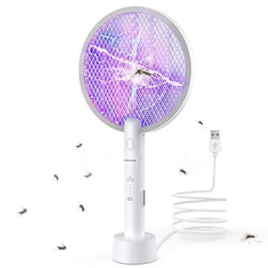 PALONE Racchetta Zanzare Elettrica, 4000V con USB Ricaricabile LED 2-In-1 Racchetta Zanzare Elettrico, Protezione Maglia a 3 Strati, Adatto per Casa Giardino Campeggio Interni ed Esterni - Bianco