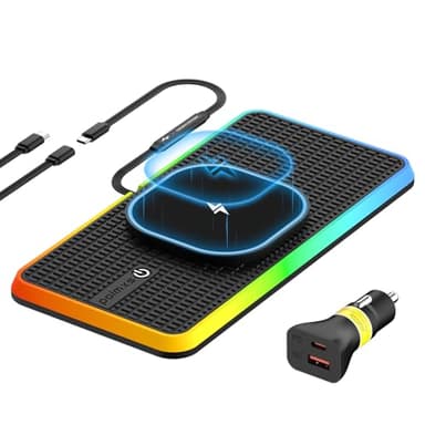 Tappetino di Ricarica Wireless Auto RGB per MagSafe, Polmxs Caricatore Wireless Auto Magnetico da 15W con LED, Cavo da 30cm + Prolunga da 70cm Compatibile con iPhone 16–12 Pro, AirPods (K1MAG)