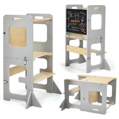 labebe Torre Montessori per bambini, Pieghevole Learning tower con lavagna, Multifunzione 3 in 1 Torre di apprendimento, Torre a partire da 1 anno （Grau）
