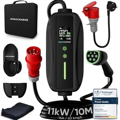NRG CHARGE Mobile Wallbox 11 kW tipo 1 (10 m, 6 – 16 A, 3 fasi), cavo di ricarica CEE 16 A con Schuko, stazione di ricarica mobile per auto elettrica, ricarica rapida