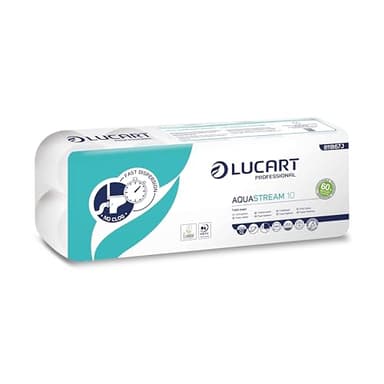 Lucart Professional, AquaStream 10, Carta Igienica a Rotolo ad alta dissolvenza in pura cellulosa, 10 Rotoli da 200 strappi per confezione, 9,5x11 cm (L'imballaggio può variare)