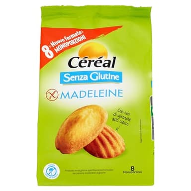CÉRÉAL MADELEINE Senza glutine, Latte e Lattosio, Madeleine Classica, Ricetta Originale Francese, Snack per la Merenda di Adulti e Bambini, Ottimo a Colazione, 8 Monoporzioni