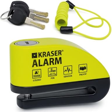 KRASER WA6Y Blocca Disco per Moto con Allarme 110dB, Antifurto Rinforzato, 3 (altre 2) Chiavi Sicurezza, Impermeabile, Cavo Reminder 1.5m Borsa, Lucchetto Moto Bloccadisco Sonoro Scooter Bici