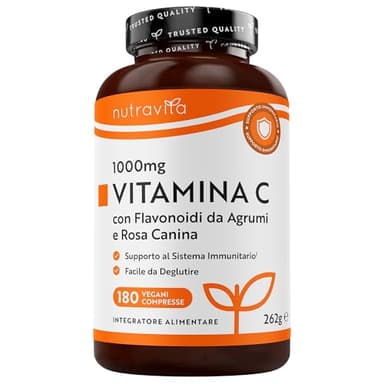 Nutravita Vitamina C 1000mg - 180 Vit C Compresse per 6 Mesi - Vitamina C Pura con Rosa Canina e Flavonoidi - Acido Ascorbico - 100% Vegan - Normale Funzione del Sistema Immunitario