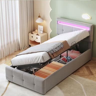 Gegtuon Letto Imbottito 90x200 cm con Illuminazione LED per Bambini, Letto Singolo con Idraulico Contenitore e Testata, Struttura Letto con Rete a Doghe per Ragazzi, senza Materasso, Velluto (Grigio)