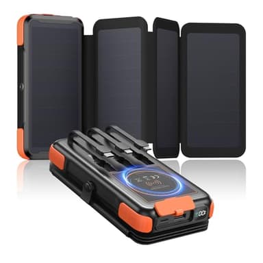 Fandealo-Caricabatterie-Solare-25000mAh-Wireless-Power-Bank - 20W Batteria Esterna senza Fili con 3 Cavi e 4 Pannelli Solari - PD QC 3.0 USB C Ricarica Rapida Power Bank per Campeggio