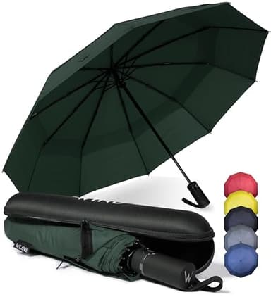 WLine Wind Ombrello Pieghevole Antivento da Pioggia con 10 Aste Rinforzate e Tela Idrorepellente 210T - Ombrello Portatile Resistente Apri e Chiudi Automatico, Diametro 104cm (Verde con Custodia)