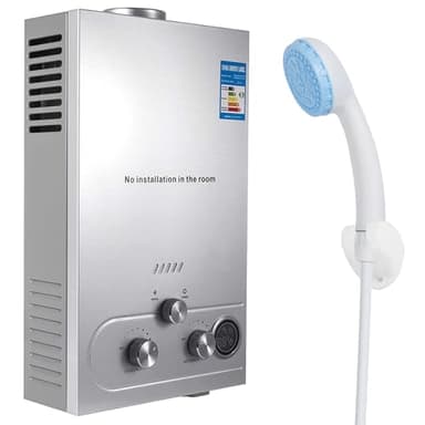 Scaldacqua a Gas, scaldabagno a gas propano GPL 6L con kit doccia, con modalità inverno ed estate, scaldabagno istantaneo senza serbatoio 16kw, per casa ed esterno (A)