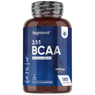 BCAA 2 1 1 Aminoacidi Ramificati 2000mg, Leucina, Valina, Isoleucina, Vitamina B6, B12, Aminoacidi Essenziali Pre Workout e Post Workout, 180 BCAA Compresse Vegane, Senza Magnesio Stearato né Glutine