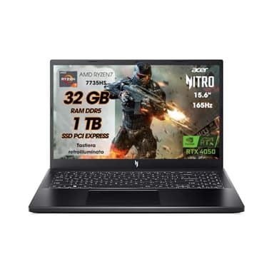 acer Nitro V15 Pc Gaming, Notebook Gaming AMD RYZEN7 7735HS, 32GB RAM DDR5, SSD 1TB, Display 15,6" FHD IPS 165 Hz, NVIDIA GeForce RTX 4050 (6 GB GDDR6), Tastiera Retroilluminata, Laptop Gaming